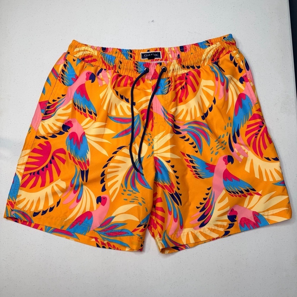 Club Room Men's Parrot Print Swim Trunks Orange Tropical Size L Excellent